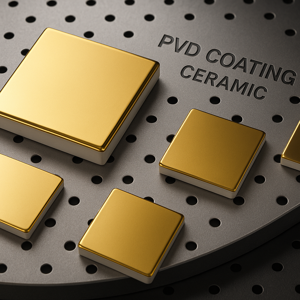 Gold PVD coated ceramic tiles showing lustrous finish on perforated metal surface