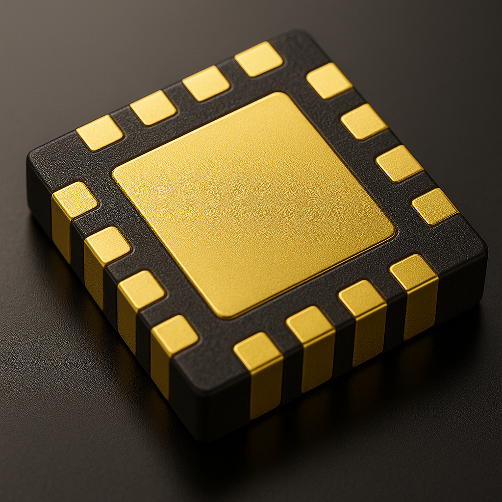 QFN electronic component with gold PVD coating on ceramic substrate showing precision contact pads